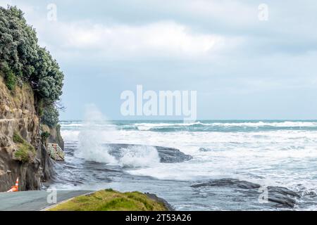 Muriwai Beach mit großen Meereswellen bei schlechtem Wetter: Einer der besten Wanderwege im Muriwai Regional Park, Westküste der Auckland Region auf der nördlichen Islan Stockfoto