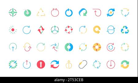 Kreis- und Dreieckspfeile flache Symbole setzen die Vektorillustration. Diagrammsymbole für Zyklus und Neustart, Umlauf- und Regenerationsprozess, Recycling-Zeichen und Web-Update-Schleifendiagramm. Stock Vektor