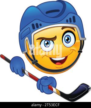 Glücklicher Hockey-Emoji-Emoticon-Spieler in einem Helm, der einen Stock hält Stock Vektor