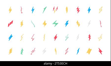 Blitzblitze flache Symbole setzen Vektorabbildung. Symbole für elektrische Energie und Energie, Stromgefahr mit verschiedenen Gewittern, einfache Netzschilder und Pfeile in Zickzackform. Stock Vektor