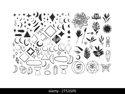 Satz von Vektorgrafik Linie Kunst Schmetterling, Mond, Sterne, Linie Blume Silhouetten und esoterische Symbole. Alchemie mystische magische Elemente für Drucke, Poster Stock Vektor