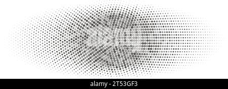Abstraktes Halbtonoval mit Unschärfe entlang der äußeren Kante in Grautönen. Vektorabbildung mit radialem Mosaikmuster. Stock Vektor