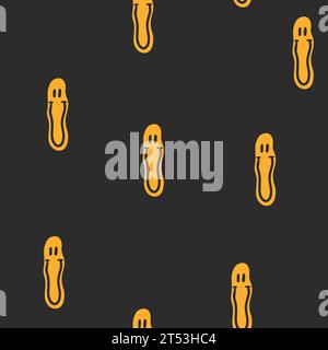 Hand gezeichneter Vektor abstrakte psychedelische trippige schmelzende oder tropfende gelbe Lächeln nahtlose Muster. Eine Reihe psychedelischer Lächeln isoliert auf Schwarz Stock Vektor