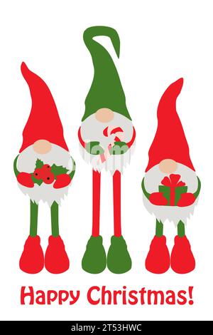 Flache Weihnachtszwerge. Drei Gnome halten Weihnachtsartikel. Niedliches Weihnachtszwerg-Hemd-Design und Wohnkultur für den Winterurlaub. Stock Vektor