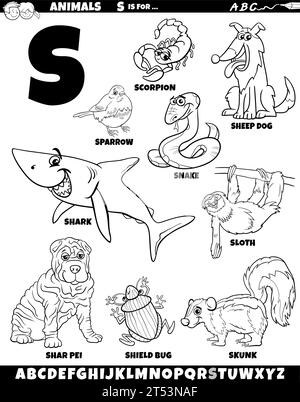 Zeichentrickillustration von Tierzeichen, die für die Ausmalseite des Buchstabens S eingestellt sind Stock Vektor