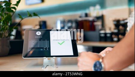 Unternehmen, Restaurants und Tablets für Online-, Internet- oder Netzwerkzahlungen für E-Commerce, Fintech oder Digital. Technologie, Bildschirm und Kunde für Stockfoto