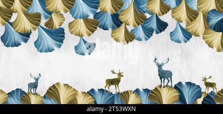Helle, moderne Wandtapete mit Leinwandkunst. goldener und blauer ginko biloba auf weißem Marmorhintergrund. Berge, Wolken und Hirsche Stockfoto