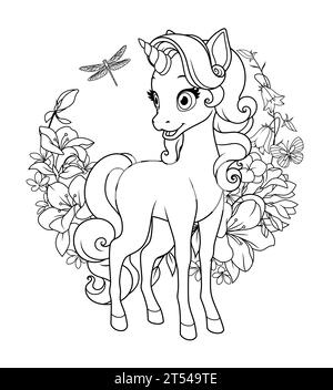 Niedliches Baby-Einhorn umgeben von Blumen. Vektor-Schwarzweiß-Illustration für Ausmalseite. Stock Vektor