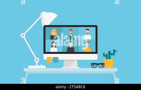 Online-Meeting. Videokonferenz auf dem Monitor. Arbeitsplatz mit Computer, Blumentopf, Frontansicht der Lampe. Arbeiten Sie von zu Hause aus. Vektorabbildung Stock Vektor