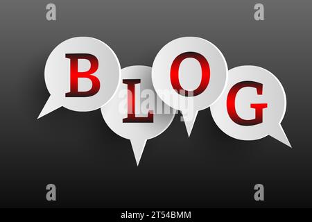 Auffälliger schwarzer „BLOG“-Schriftzug auf dunklem Hintergrund. Abbildung für Bloggen, soziale Medien, Internetkommunikation und Inhaltserstellung. Stock Vektor