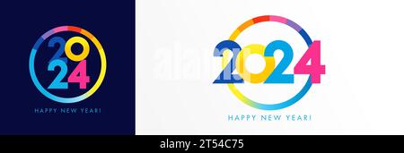 2024 Happy New Year – farbenfrohes rundes Logo, Typografie-Design-Konzept. Vektorillustration für Geschäftsplaner oder Kalendervorlage Stock Vektor