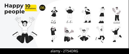 Aufgeregte Menschen multikulturelles Schwarz-weiß-Zeichentrickfiguren-Paket Stock Vektor