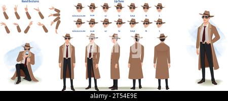 Ein männlicher Detective, Agent-Modellblatt. Detective Creation Set. Prüfarzt, Handgesten, Lippensynchronisation Stock Vektor