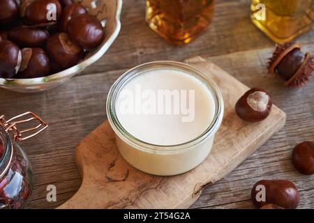 Hausgemachte Rosskastaniensalbe oder Creme in einem Glasgefäß Stockfoto