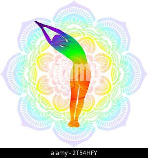 Farbenfrohe Silhouette von Ardha Chandrasana oder Nitambasana. Mondsichel- oder Halbmondstellung. Isolierte Vektorillustration auf Mandala-Hintergrund. Stock Vektor