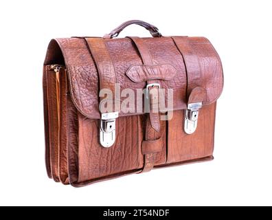 Brown Vintage Leder Aktentasche mit Gurt und Messing Schnalle, Clipping-Pfad enthalten Stockfoto