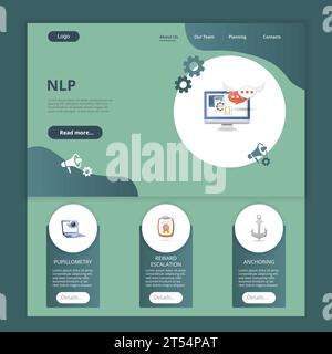 Vorlage für flache NLP-Landing-Page-Website. Pupillometrie, Belohnung Eskalation, Verankerung. Webbanner mit Kopf-, Inhalt- und Fußzeile. Vektorabbildung. Stock Vektor