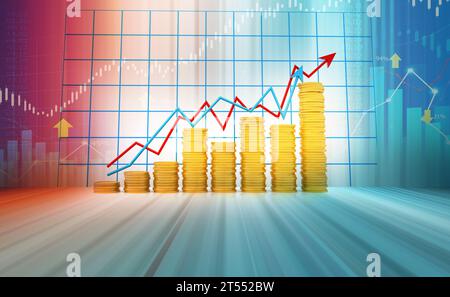 Finanzhintergrund mit abstraktem Wachstumsdiagramm. 3D-Abbildung Stockfoto