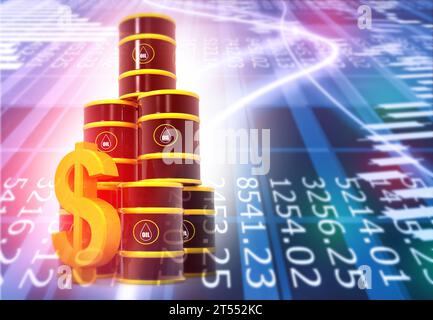 Dollarsymbol und Ölfässer im Börsendiagramm. 3D-Abbildung Stockfoto