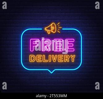 Kostenlose Lieferung Neonschild in der Sprechblase auf Backsteinmauern Hintergrund Stock Vektor