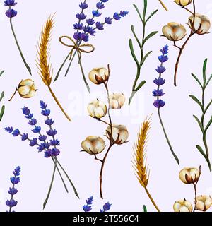 Ein Muster aus Lavendelwildblumen, Baumwolle, Weizenspikelets auf weißem Hintergrund im Aquarellstil. Stockfoto