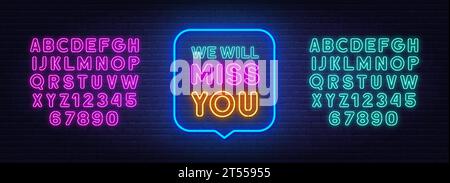 Wir vermissen Sie Neonschild in der Sprechblase auf Backsteinmauern Hintergrund. Pinkfarbene und blaue Neon-Alphabete. Stock Vektor