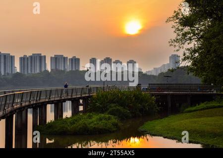 Uferpromenade über dem Wasser am Rande des Jurong Lake am Lakeside Garden, der Teil der Jurong Lake Gardens im westlichen Teil von Singapur ist. Stockfoto