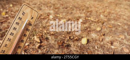 Holzthermometer mit roter Messflüssigkeit, das hohe Temperaturen über 36 Grad Celsius an sonnigem Tag auf trockenem Rasen anzeigt. Wärmekonzept Stockfoto