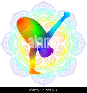 Farbenfrohe Silhouette von Uttanasana. Nach vorn gerichtete Bändigung mit Schulteröffner. Isolierte Vektorillustration auf Mandala-Hintergrund. Stock Vektor