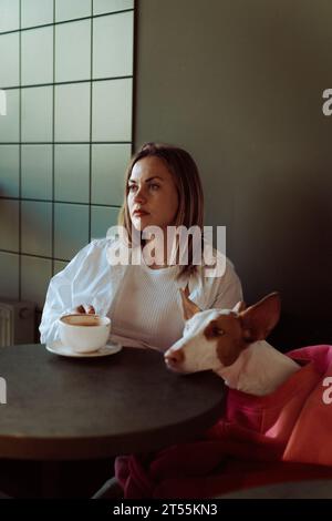 Frau mit Hund Podenco Ibicenco im Café, windhund, Porträt. Stockfoto