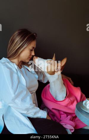 Frau mit Hund Podenco Ibicenco im Café, windhund, Porträt. Stockfoto