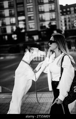 Frau mit Hund Podenco Ibicenco auf der Straße, windhund, Porträt. Stockfoto