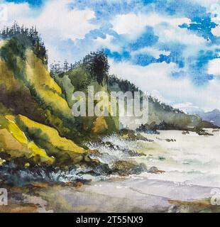 Helle Farbe handgezeichnete Aquarellskizze auf Papiertextur Hintergrund. Stockfoto