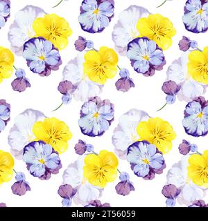 Nahtloses Aquarellmuster mit handgezeichneten Stiefmütterchen-Blüten und Knospen, violette und gelbe Frühlingsblumen, Sommerillustration, isoliert auf weißem Hintergrund Stockfoto
