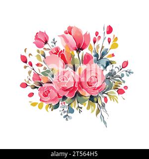 Aquarell wilde rosa Blumenstrauß, isoliert. Abstrakte Frühlingsblumen, Gras, Blattzweige, Blumenblätter im minimalen Stil. Stock Vektor