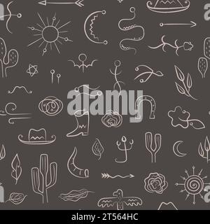 Westliche handgezeichnete Linienelemente nahtloses Muster. Wilder westlicher ethnischer Hintergrund. Stock Vektor