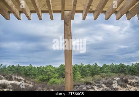 Hölzerne Pergola mit Blick auf den Wald. Strand Monte Gordo, Vila Real de Santo Antonio, Portugal Stockfoto