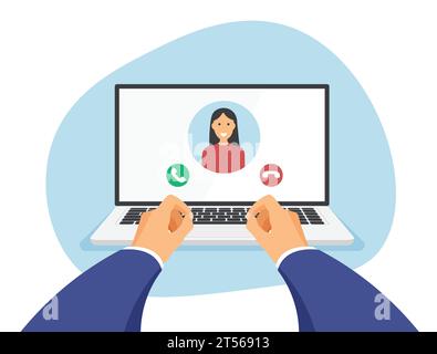 Videochat oder Konferenz auf dem Laptop-Bildschirm. Arbeiten von zu Hause aus. Arbeitsplatz und Hände tippen auf der Vorderansicht der Tastatur. Vektordarstellung isoliert. Stock Vektor