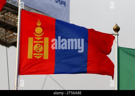 Sankt Petersburg, Russland. November 2023. Die Nationalflagge der Mongolei als teilnehmendes Land an der 12. St. Petersburg International Gas Forum (SPIGF 2023). (Foto: Maksim Konstantinov/SOPA Images/SIPA USA) Credit: SIPA USA/Alamy Live News Stockfoto