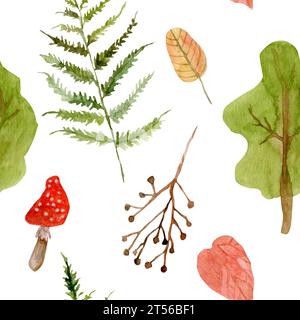 Nahtloses Muster mit handgezeichneten Aquarellpflanzen. Nahtloser Hintergrund mit niedlicher Waldlandschaft: farn, Pilze, Fliegenpilze, Bäume, Blätter, Stockfoto