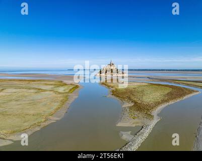Aus der Vogelperspektive, Frankreich, Normandie, Salzwiesen, Kloster und Abtei Mont-Saint-Michel, Le Mont-Saint-Michel Stockfoto