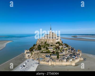Aus der Vogelperspektive, Frankreich, Normandie, Salzwiesen, Kloster und Abtei Mont-Saint-Michel, Le Mont-Saint-Michel Stockfoto