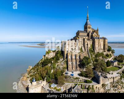 Aus der Vogelperspektive, Frankreich, Normandie, Salzwiesen, Kloster und Abtei Mont-Saint-Michel, Le Mont-Saint-Michel Stockfoto