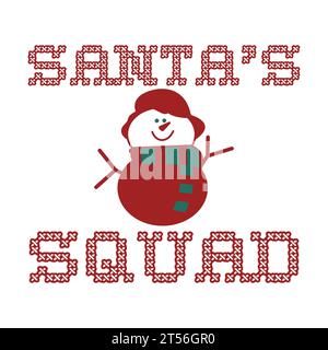 Weihnachten farbenfrohe T-Shirt Print Design mit Schneemann und Zitat - Santas Squad . Frohe Weihnachtsabzeichen isoliert auf weiß. Happy Holidays Lagerdesign, Stockfoto