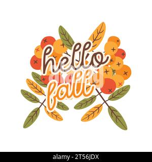 Herbstillustration – Hello Herbstzitat. Herbstmuster für T-Shirt- und Sublimationsdruck. Kuscheliges Herbstlogo. Rohteil isoliert auf weißem Hintergrund. Stockfoto