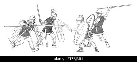 Römische Legionäre gegen die Gallier. Julius Cäsar Gallic War. Historische Zeichnung. Stockfoto