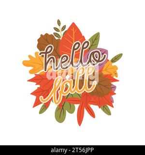 Herbstillustration – Hello Herbstzitat mit Blättern. Herbstmuster für T-Shirt- und Sublimationsdruck. Kuscheliges Herbstlogo. Lagerbestand isoliert auf weißer Rückseite Stockfoto