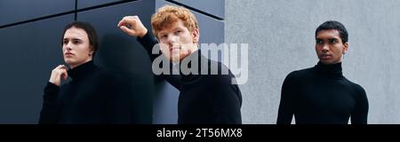 Drei gut aussehende, stilvolle Männer in schwarzen Rollkragen mit Wand im Hintergrund, Modekonzept, Banner Stockfoto