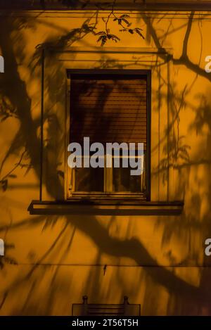 Haus mit Baumschatten in der Nacht in Kaptol, Oberstadt, Altstadt, Zagreb, Kroatien Stockfoto