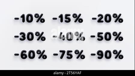 Schwarzes 3D-Rabattzeichen minus 10,15,20,30,40,50,60,75 und 90 Prozent auf weißem Hintergrund Stock Vektor